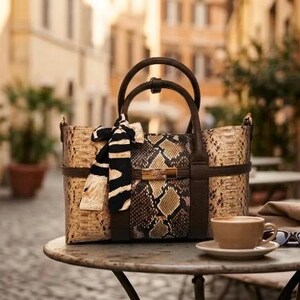 Luxury Python Leather Tote Bag – Designer Snakeskin Handbag with Scarf, Elegant Gift for Her