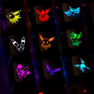 Pokemon Keycaps Eevee Set Skills | Shine Through Custom Keycaps for RGB Mechanical Keyboards | Gift for Gamers |