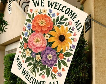 Bandiera da giardino floreale: "Accogliamo tutti", decorazione primaverile/estiva per il giardino, cartello per portico in stile rustico.