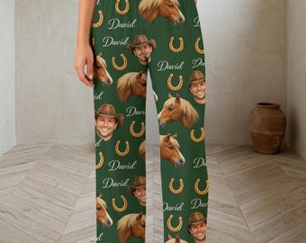 Pantaloni del pigiama personalizzati con cavallo: pantaloni da casa con nome personalizzato, pigiama con faccia da cowboy