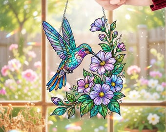 Decorazione per finestra in acrilico con colibrì in stile vetrata: un'idea regalo con uccello decorativo olografico.