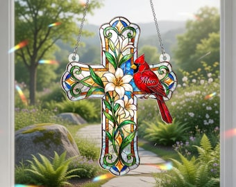 Acchiappasole a forma di croce cardinale: regalo commemorativo per la mamma, fiore di giglio in acrilico da appendere alla finestra.