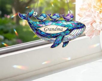 Acchiappasole personalizzato a forma di balena: decorazione marina in acrilico stile vetrata, regalo per la festa della mamma.