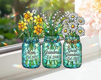 Acchiappasole personalizzato con fiore di nascita: regalo per mamma e nonna, decorazione olografica in acrilico da appendere alla finestra, regalo per la festa della mamma.