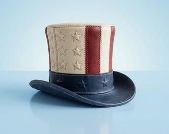 American Flag Leather Top Hat, Patriotic Uncle Sam Style, Red White Blue Stars Stripes