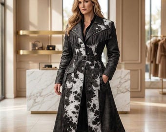 Women's Western Cow Print Trench Coat, Leather Fringe Belted Coat, Cowhide Style Long Jacket, Boho Western Winter Coat, Festival Outerwear