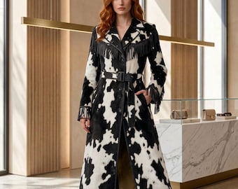Women's Black & White Cow Print Trench Coat, Leather Fringe Belted Jacket, Western Long Coat, Cowgirl Winter Outerwear, Festival Coat