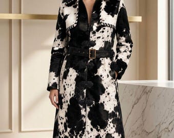 Women's Black and White Cow Print Faux Fur Wrap Coat with Leather Trim and Belt