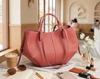 Slouchy Leather Tote Bag, Rose Pink Shoulder Bag, Genuine Leather Handbag, Large Everyday Purse for Women, Soft Market Tote, Gift for Her