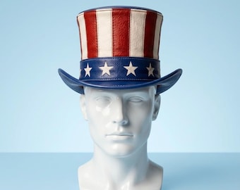 American Flag Leather Top Hat, Patriotic Uncle Sam Style, Red White Blue Stars Stripes