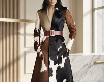 Women's Multi-Color Cow Print Patchwork Coat, Burgundy Belted Long Coat, Western Faux Fur Jacket, Luxury Winter Outerwear
