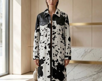 Women's Black & White Cow Print Shacket Coat, Leather Pocket Overshirt Jacket, Western Button-Up Coat, Faux Fur Winter Outerwear