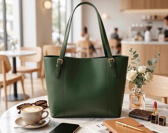 Classic Green Leather Tote Bag, Large Genuine Leather Shoulder Purse, Adjustable Strap Laptop Bag, Women's Office Work Tote, Gift for Her