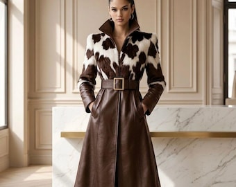 Luxury Cowhide Print Mixed Media Coat, Brown Leather Longline Jacket, High Collar Trench Coat, Women's Designer Winter Outerwear
