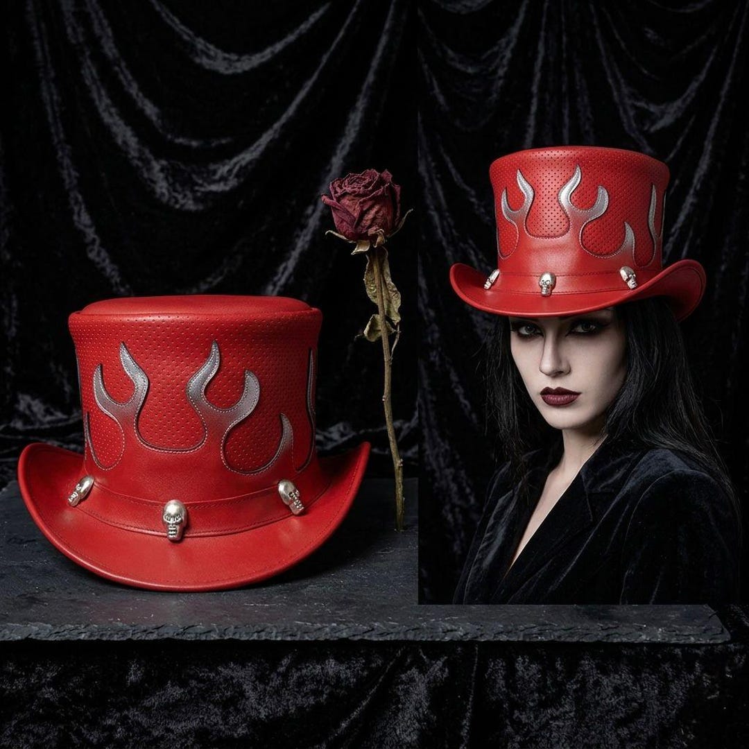 Red Leather Flame Top Hat, Gothic Steampunk Skull Studded, Handmade ...