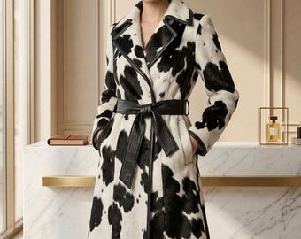 Women's Black and White Cow Print Faux Fur Wrap Coat with Leather Trim and Belt