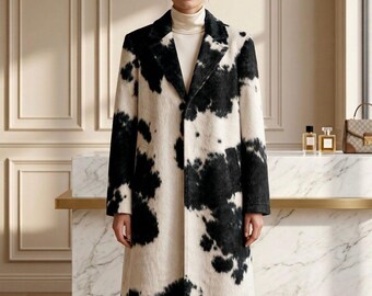 Women's Black & White Cow Print Faux Fur Overcoat, Long Winter Coat with Notched Lapels, Western Statement Jacket, Luxury Outerwear