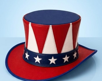 American Flag Leather Top Hat, Patriotic Uncle Sam Style, Red White Blue Stars Stripes