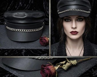 Handmade Black Leather Military Cap, Biker Streetwear Chain Hat