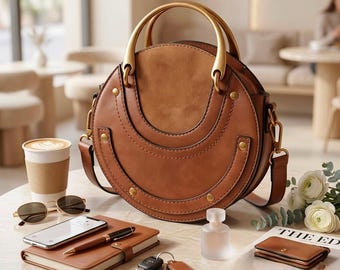 Round Leather Handbag, Circle Crossbody Bag with Metal Handle, Brown Genuine Leather Purse, Tan Satchel, Boho Shoulder Bag, Gift for Her