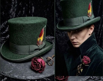Handcrafted Wool Felt Top Hat with Feather, Victorian Gothic Steampunk Style