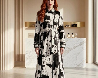 Women's Black & White Cow Print Trench Coat, Leather Fringe Belted Jacket, Western Long Coat, Cowgirl Winter Outerwear, Festival Coat