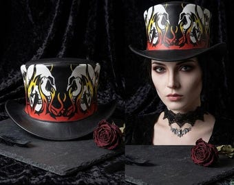 Leather Skull Top Hat with Red Flames, Gothic Biker Steampunk Costume