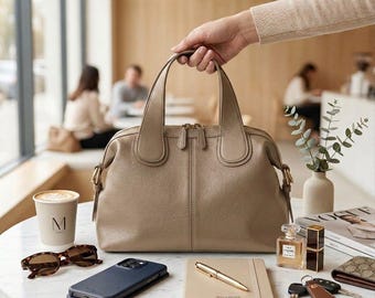 Minimalist Leather Handbag, Taupe Top Handle Purse, Genuine Leather Satchel, Women's Everyday Shoulder Bag, Chic Work Tote, Gift for Her