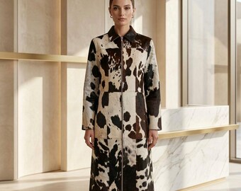 Women's Cow Print Faux Fur Patchwork Coat with Front Zipper and Leather Collar