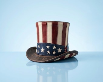 American Flag Leather Top Hat, Patriotic Uncle Sam Style, Red White Blue Stars Stripes