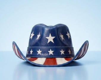 American Flag Leather Top Hat, Patriotic Uncle Sam Style, Red White Blue Stars Stripes