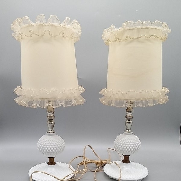 Vintage Pair White Hob Nail Vanity Lamps with Ruffled Lamp Shade