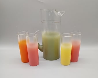 Vintage Blendo Avocado Green Tea Pitcher with 4 Multicolored Tumblers/Long Island Tea Pitcher Set