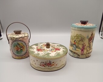 Set of 3 Vintage Decorative Tins-Murray Allen-Riley's Toffee-Round Made in England Container