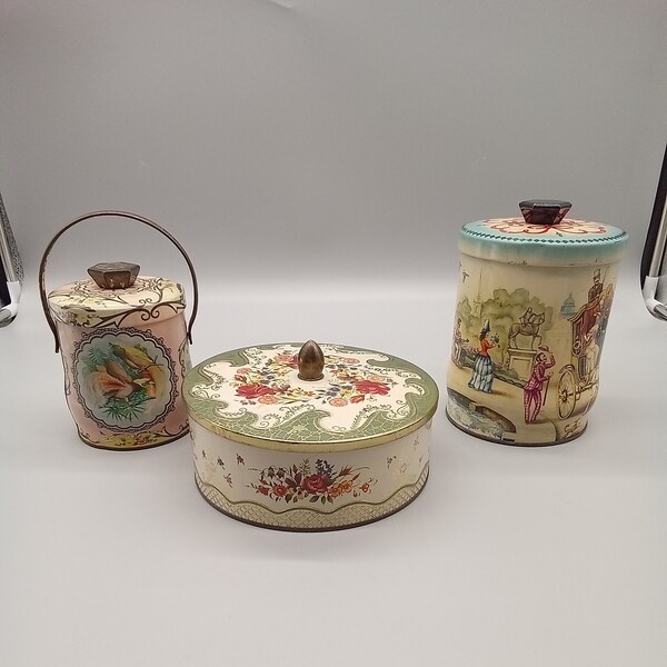 Set of 3 Vintage Decorative Tins-Murray Allen-Riley's Toffee-Round Made in England Container