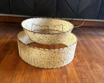 Mid Century Fiberglass Lamp Shade 2 Tier Black-Gold Splatter with Black Spaghetti Lines-2 Tier MCM Floor Fiberglass Lamp Shade