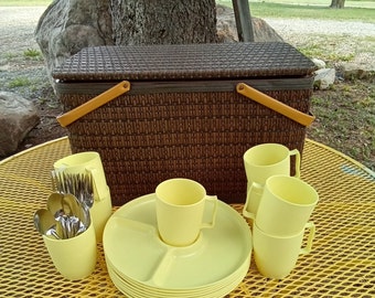 Vintage Hawkeye Burlington Basket Weave Picnic Basket with Basket Weave Lid and 8 Yellow Place-Plates, Cups and Silverware