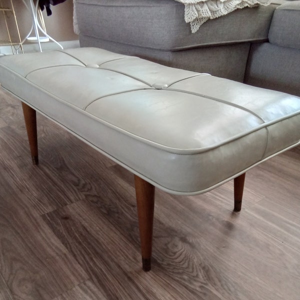 Mid Century Modern Cream Tufted Vinyl Cushion Long Bench/Coffee Table/Otterman
