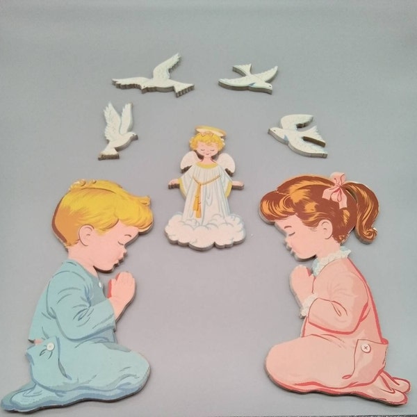 Vintage Child's 1958 The Dolly Toy Co. Boy/Girl Praying with Angel and Birds Wall Decor