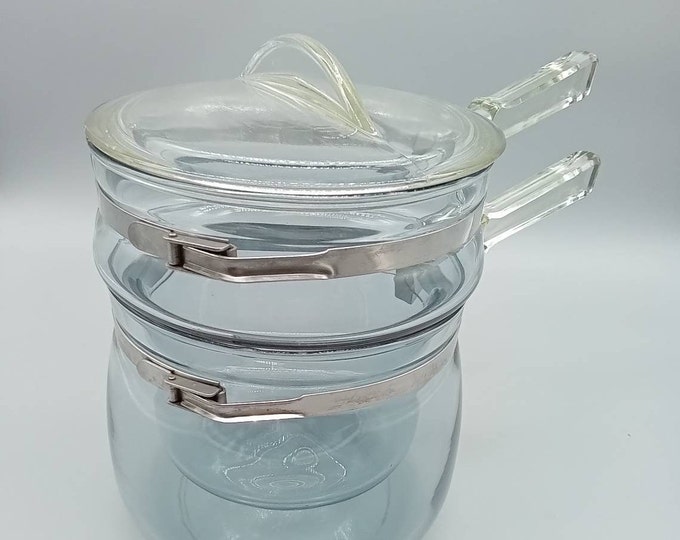 Pyrex Blue Tint Flameware Double Boiler With Insert Glass Lid and Metal