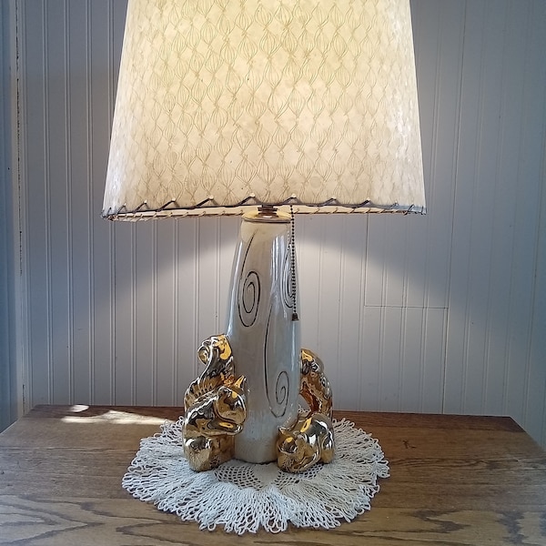 Rare-Vintage Chic Pottery Company Lamp-Iridescent Colors with Gold-Gilt Squirrel Animals Attached -Table Lamp-Shade Not Included