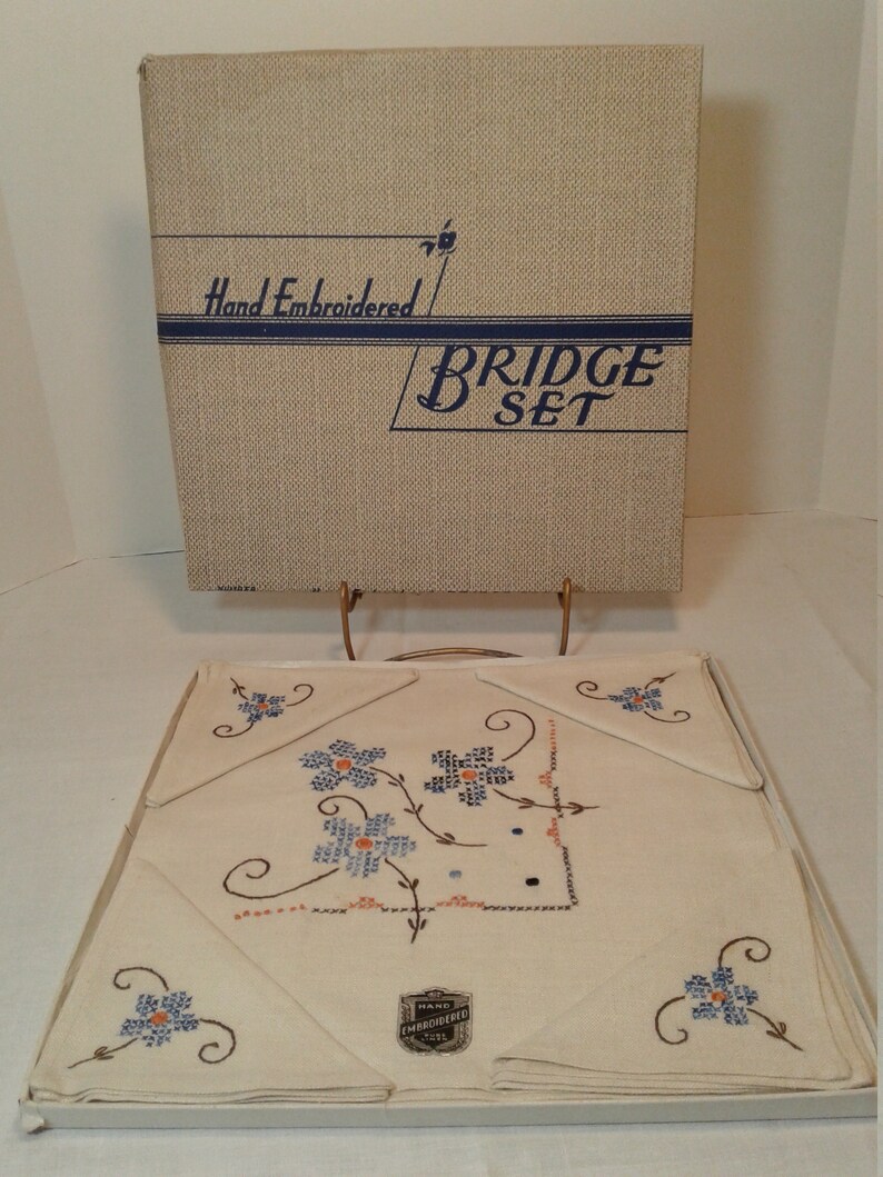 Vintage Hand Embroidered Pure Linen Bridge Tablecloth Napkin Etsy