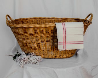 Antique Wicker French Style Laundry Basket with Wood Bottom