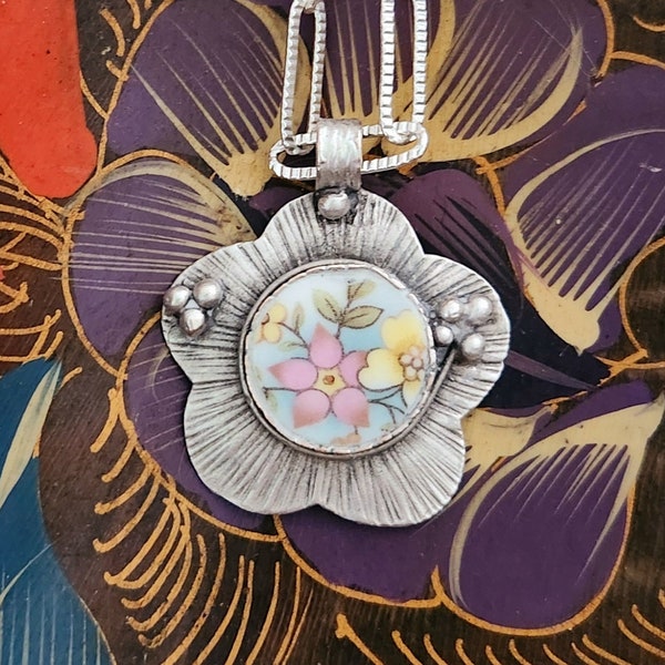 Vintage Broken China Jewelry "True Love" by Royal Stafford Fine China Flower Pendant Necklace