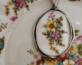 Vintage Broken China Jewelry "True Love" by Royal Stafford Fine China Oval Floral Bouquet Pendant Necklace