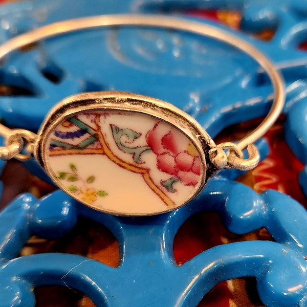 Vintage Broken China Jewelry Minton's Tiffany and Company Floral Pattern Bangle Bracelet