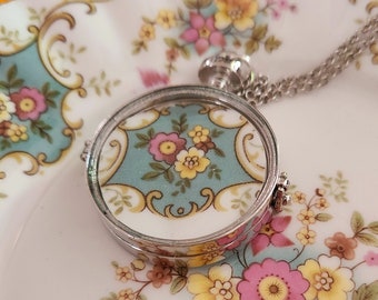 Vintage Broken China Jewelry "True Love" by Royal Stafford Fine China Locket/Shadow Box Pendant Necklace