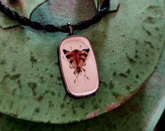 Vintage Broken China J Limoges France Beautiful Moth Rounded Rectangle Pendant Necklace