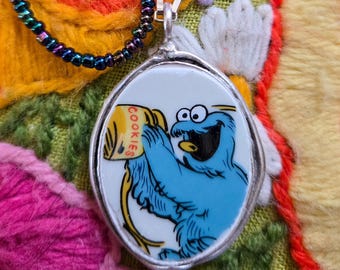 Vintage China Jewelry c.1976 Sesame Street by Gorham Cookie Monster Pendant Necklace