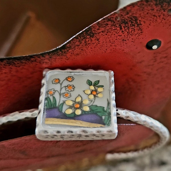 Vintage Broken China Jewelry Lenox Rutledge Raised Enamel Floral Square Cuff Bracelet